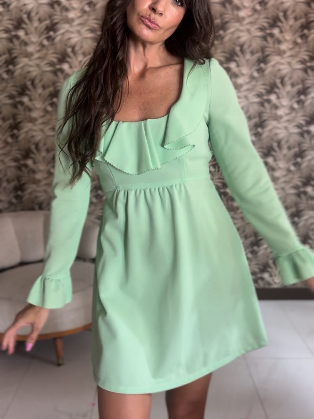 VTG Vintage Mint Ruffle-Trim Long Sleeve Babydoll Mini Dress